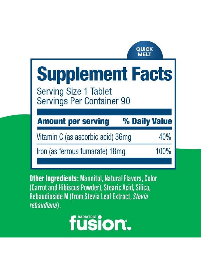 Bariatric Fusion Iron Supplement for Women Quick Melt | Sugar Free Dissolvable Chewable Iron Tablets | Ferrous Fumarate 18 mg Iron with Vitamin C | Melon Berry | Gluten, Dairy and Soy Free | 90 Count - Image 4