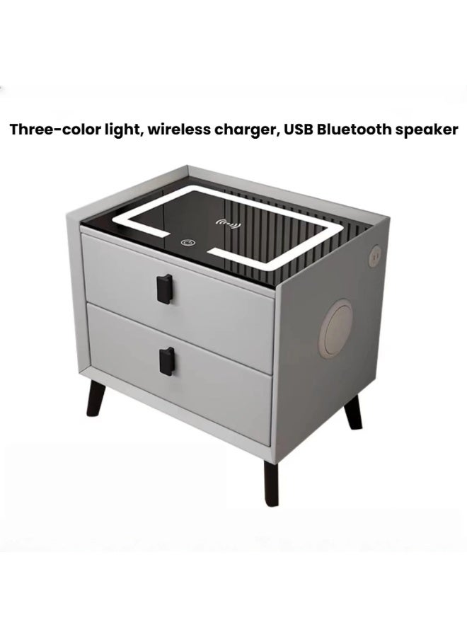 باور طاولة سرير ذكية، طاولة سرير جانبية مع درجين، طاولة سرير جانبية متعددة الوظائف، محطة شحن لاسلكية + إضاءة LED ثلاثية الألوان + منفذ USB + مكبر صوت بلوتوث، 50 × 40 × 46 سم (رمادي غامق) - Image 1