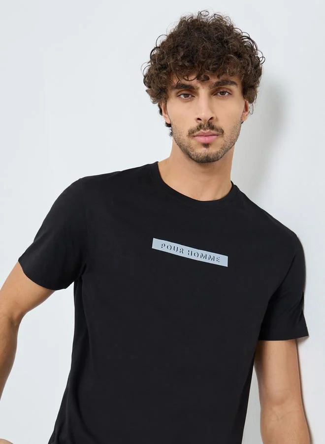 Styli Black Printed Crew Neck T-Shirt