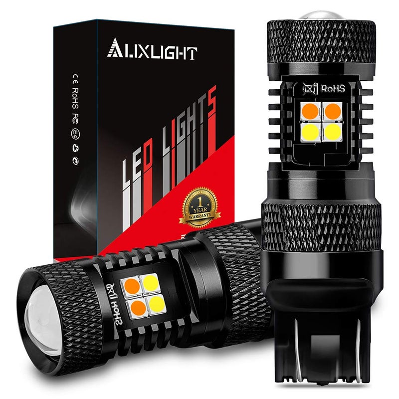 مصابيح LED AUXLIGHT 7443 7443LL 7444NA T20 Switchback مع 16SMD شريحة لمبات إضاءة مواقف السيارات وإضاءة النهار DRL وإشارات الانعطاف مع بديل بروجيكتور أبيض و كهرماني عبوة من 2