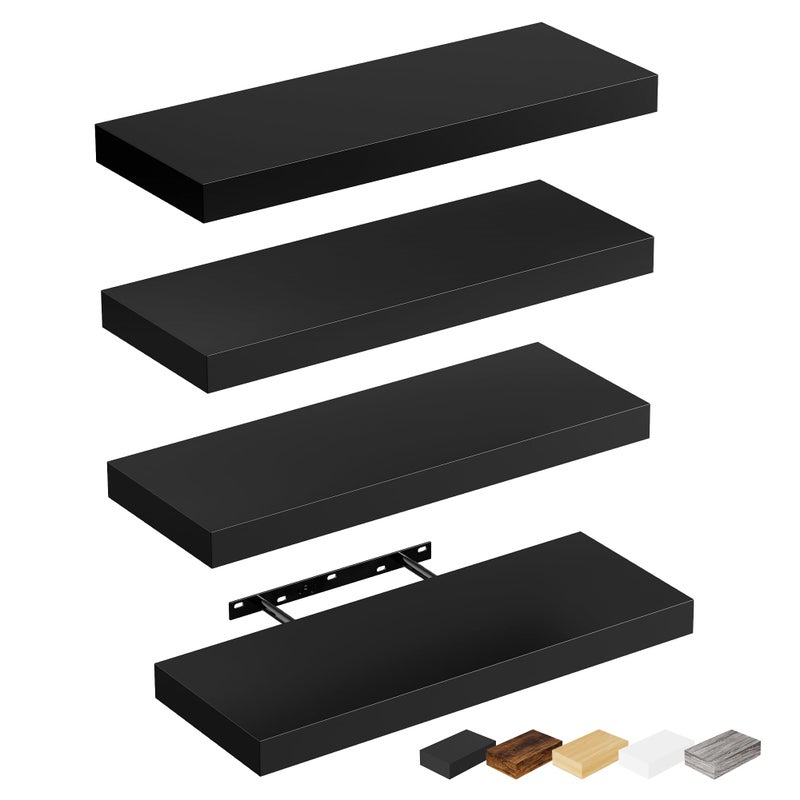 Bellsal Floating Shelves for Wall, Black Engineered Wood Wall Shelf Set of 4, 16" Walls Mounted Floating Shelf for Kitchen, Living Room, Bedroom, Bathroom Storage, Book Shelf for Home Decor - Image 1