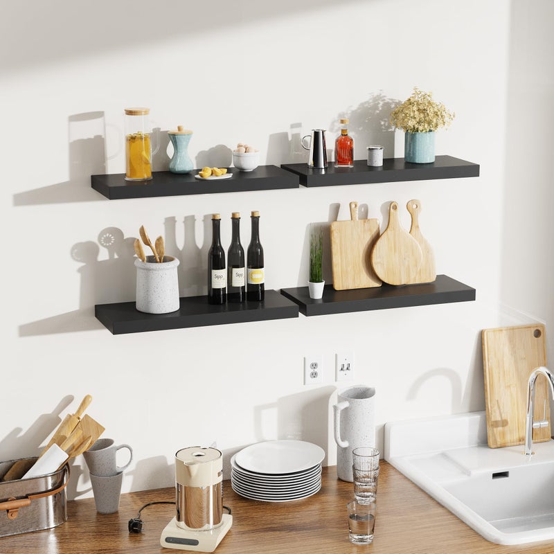 Bellsal Floating Shelves for Wall, Black Engineered Wood Wall Shelf Set of 4, 16" Walls Mounted Floating Shelf for Kitchen, Living Room, Bedroom, Bathroom Storage, Book Shelf for Home Decor - Image 5
