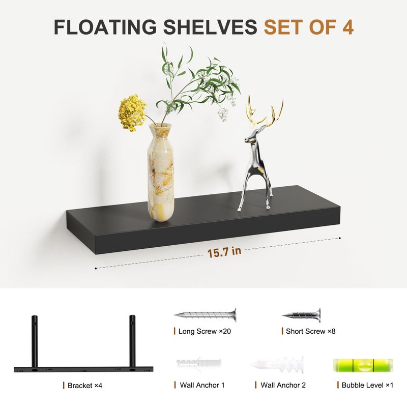 Bellsal Floating Shelves for Wall, Black Engineered Wood Wall Shelf Set of 4, 16" Walls Mounted Floating Shelf for Kitchen, Living Room, Bedroom, Bathroom Storage, Book Shelf for Home Decor - Image 3