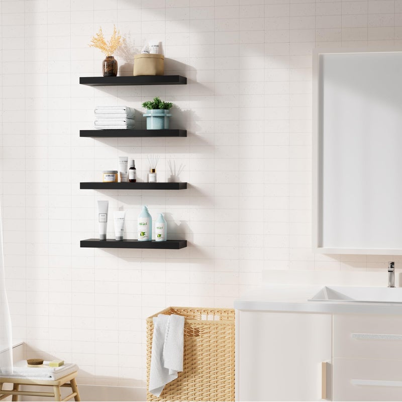 Bellsal Floating Shelves for Wall, Black Engineered Wood Wall Shelf Set of 4, 16" Walls Mounted Floating Shelf for Kitchen, Living Room, Bedroom, Bathroom Storage, Book Shelf for Home Decor - Image 4
