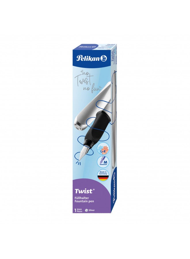 Pelikan Twist Fountain Pen with 1 Ink Cartridge, Medium Nib, Silver, Boxed (947101) - Image 1