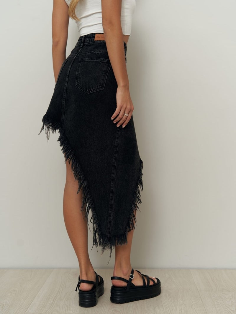 Mai Collection Matteau Tassel Detail Black Jean Skirt - Image 5