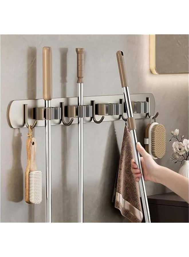 HOOKOR Mop Broom Holder Wall Mount, Stainless Steel Broom Hanger Wall Mount, Non Slip Broom Mop Holder Wall Mounted, Hanging Broom Hook Self Adhesive, Broom Storage (Grey) - Image 1