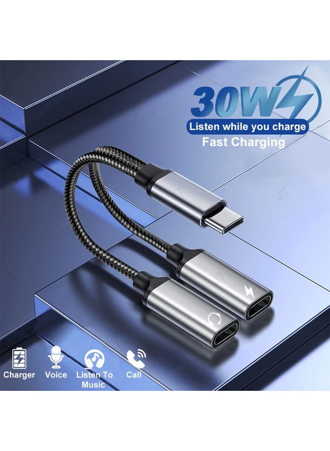 Black 2 in 1 USB C to Dual Headphone Jack Adapter with Fast Charging for iPhone 15 Samsung Huawei Xiaomi - Image 2