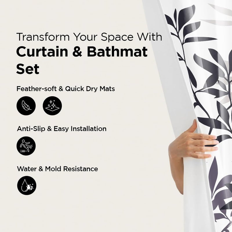 Kuber Industries Shower Curtain & Bathmat Set | Non-Slip Bath mats for Bathroom | Easy-Slide Curtains | Polyester Curtain or Bathmat for Bath Décor | XTL247-3T | 3 Pcs Set | Multicolor - Image 2