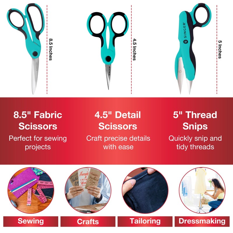 SINGER ProSeries Sewing Scissors Bundle: 8.5" Heavy Duty Fabric, 4.5" Detail Embroidery, 5" Thread Snips With Comfort Grip (Teal) - Image 2