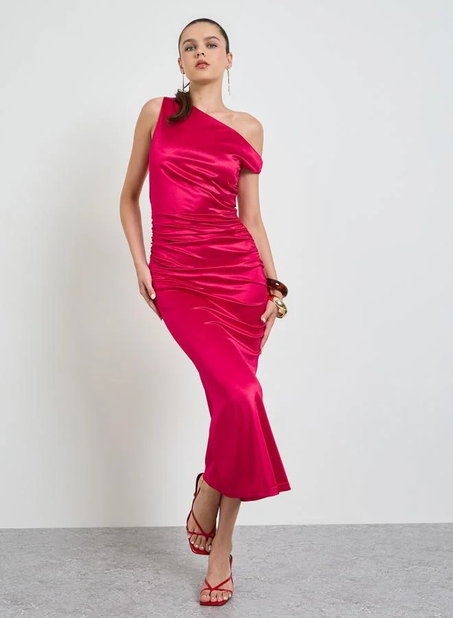 تايك تو Red Solid Ruched Bodycon Maxi Dress