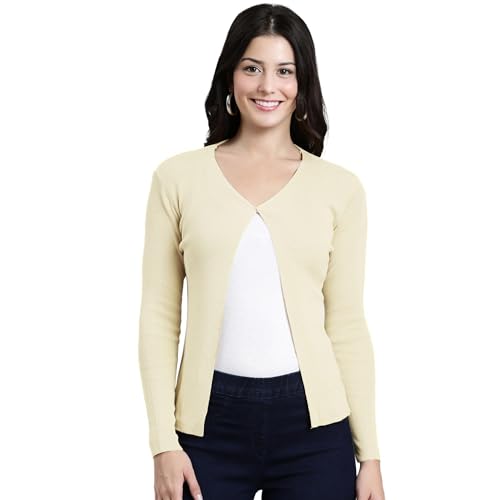 ICW Women's Acrylic Knitted Ribbed Cardigan Front-Open Top Full Sleeve Shrug Jacket for Girls ((ONE Size XS-S-M-L)(Bust Size 30-38 Inch) (in, Alpha, L, Regular, Beige) - Image 1