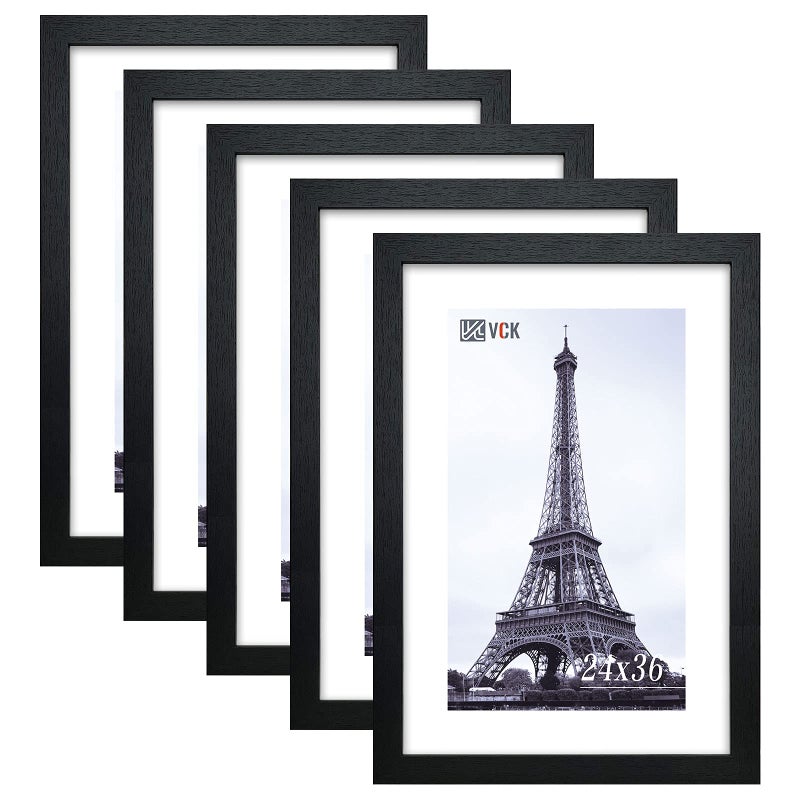 VCK 24 x 36 Inch Black Poster Frame Wood with Plexiglass Hanging Hardware Large Picture Frame for Poster Artwork Certificate Included 5 Pack