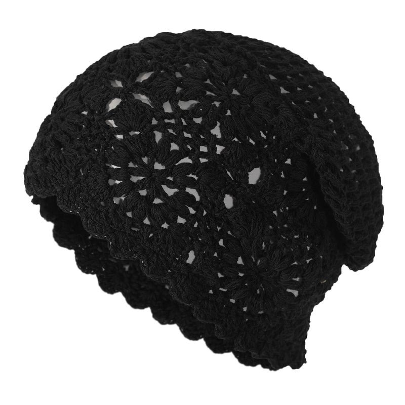 ZLYC Women Cotton Crochet Slouchy Beanie Hat Handmade Knit Cutout Summer Floral Skull Cap, Solid Black, one Size fits Most - Image 4