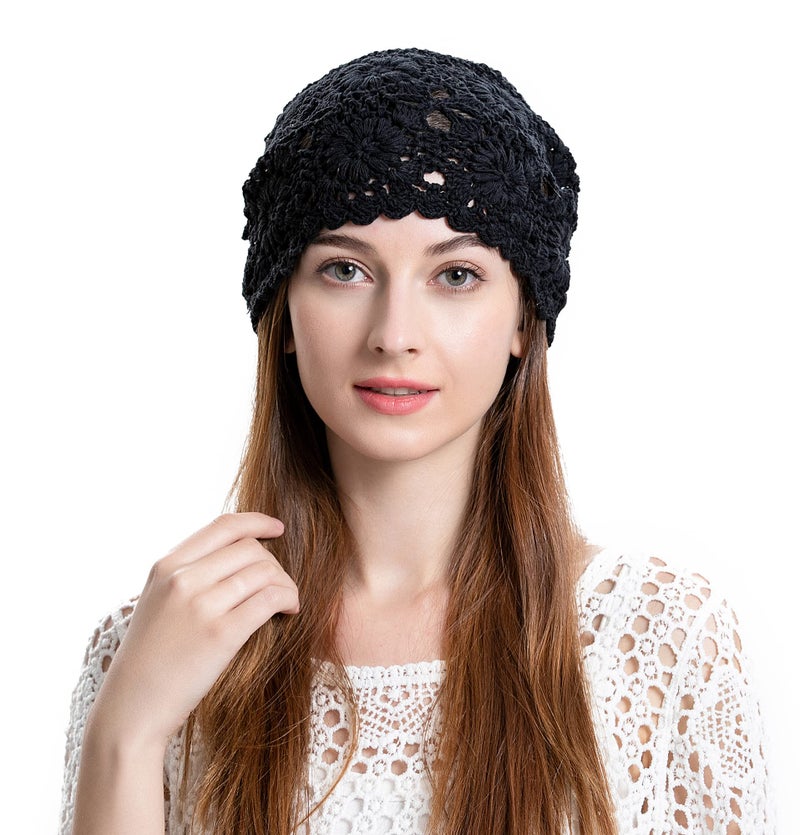 ZLYC Women Cotton Crochet Slouchy Beanie Hat Handmade Knit Cutout Summer Floral Skull Cap, Solid Black, one Size fits Most - Image 2