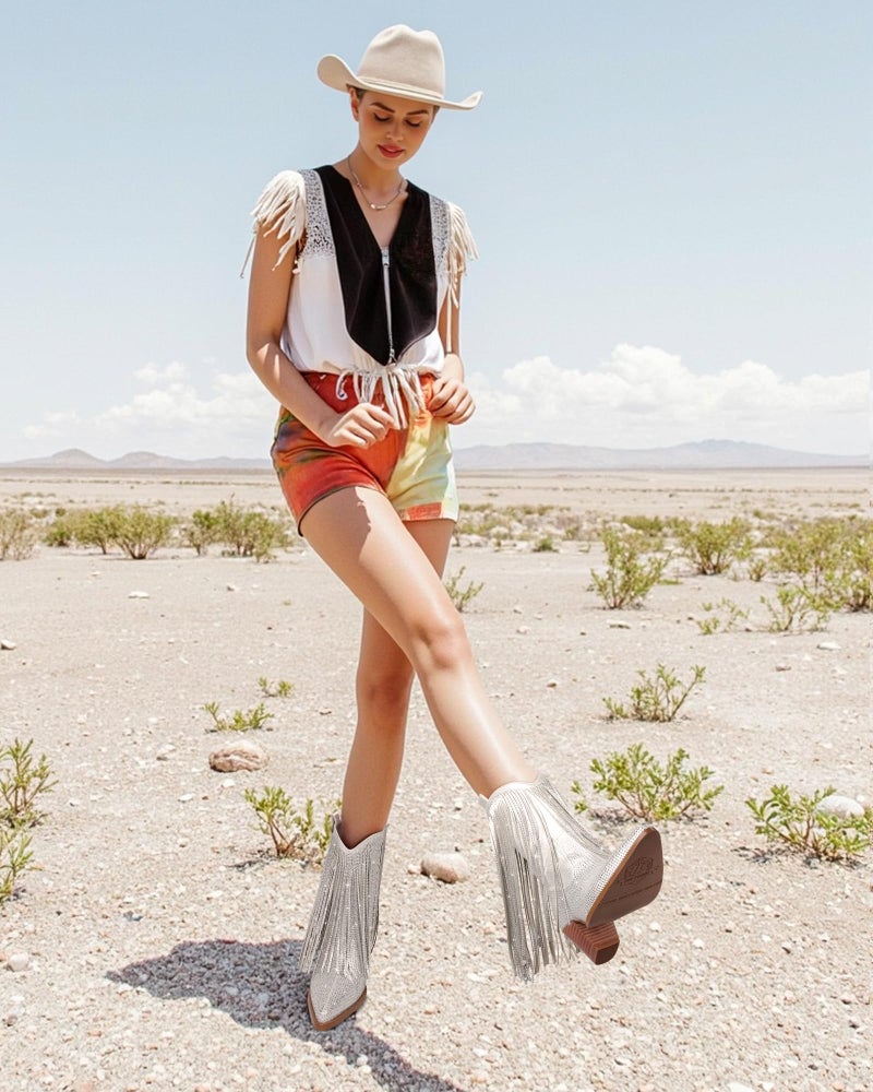 Ouepiano Cowboy Boots for Women - Cowgirl Rhinestone Boots with Sparkly Fringe Pointed Toe Western Boot Chunky Heel Pull-On Wide Calf Silver Botas Vaqueras Size 9.5 - Image 2