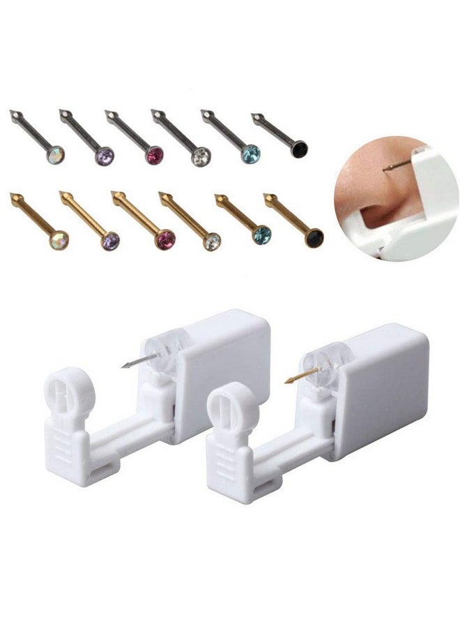 Fodattm 2Pcs Safety Portable Household Nose Piercing Gun Disposable Nose Nail Gun Kit Tool Self Nose Piercing Gun No Pain Nose Piercing Gun For Women Men (Silver - White Rhinestone)  - Image 4