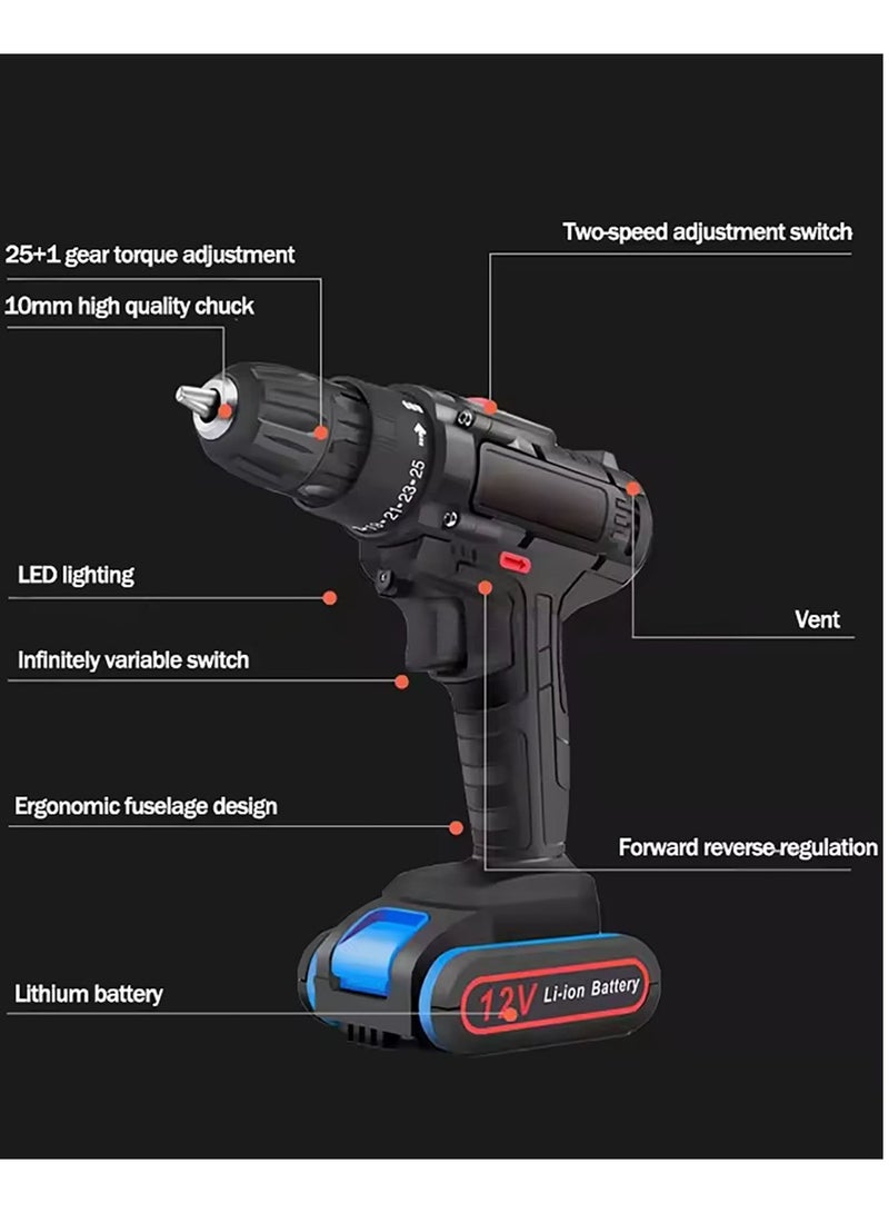 12V Cordless Impact Drill Driver Multifunctional Electric Drill Machine 2 Gear Speed Built-in LED Light and 1 Battery for Home DIY and Garden Repair - Image 2