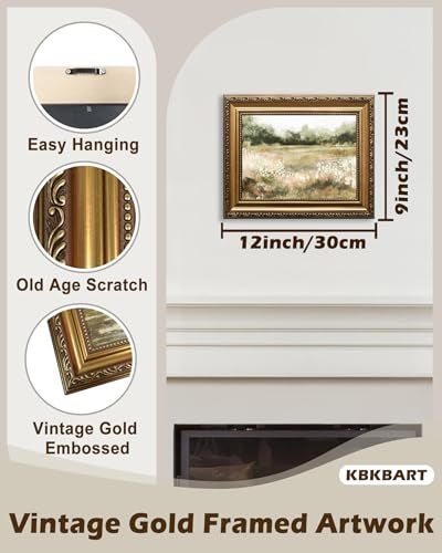 KBKBART Gold Framed Vintage Wall Art Vintage Watercolor Wildflower Countryside Canvas Oil Painting Farmhouse Decor Wall Art Rustic Antique Landscape Bathroom Wall Decor for Bedroom Living Room Gifts for Friends or Family9x12 - Image 3