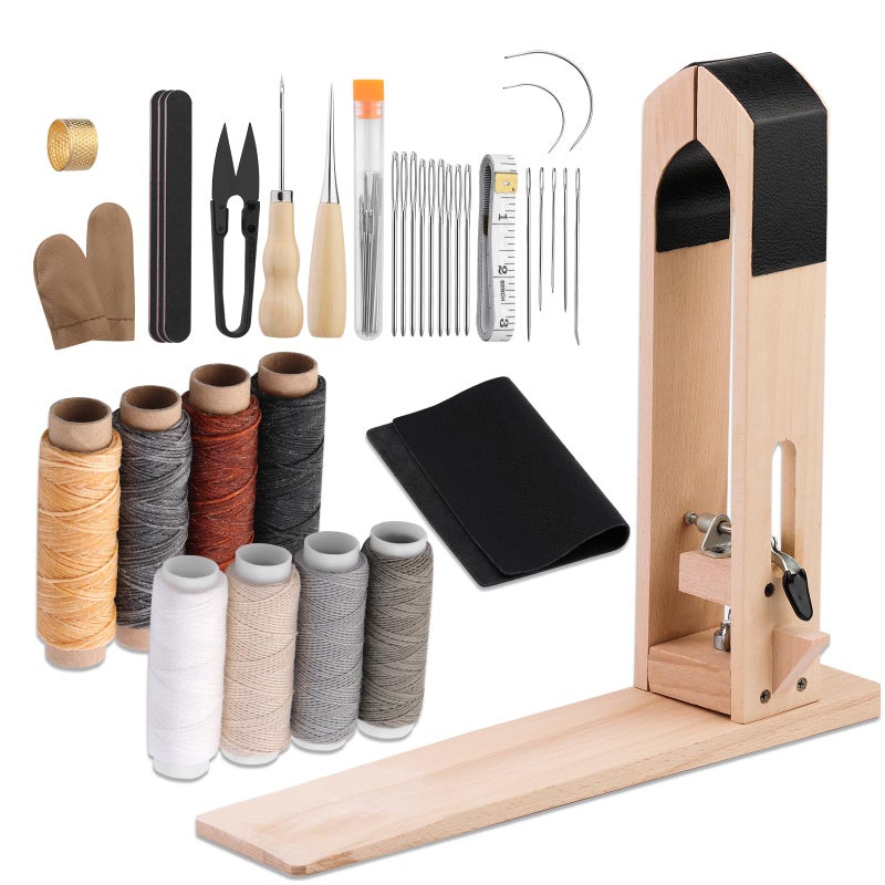 LUNARM Leather Stitching Pony Leather Pony Clamp Table Desktop Pony Horse Clamp with Large Eye Sewing Needles Waxed Thread Sewing Thread Awls Nail Files for DIY Leather Hand Stitching