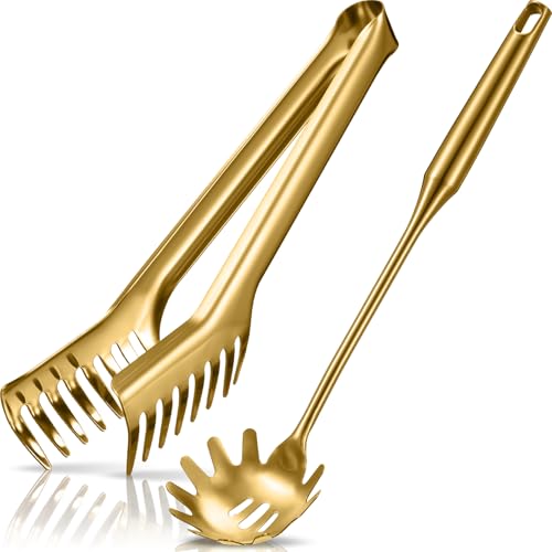 Patelai مجموعة ملعقة باستا من الفولاذ المقاوم للصدأ 2 قطعة مع أسنان ملعقة سباغيتي كبيرة 94 ملقط و 136 شوكة باستا مع مقبض مفرغ تصميم قبضة مريحة أدوات للمطبخ