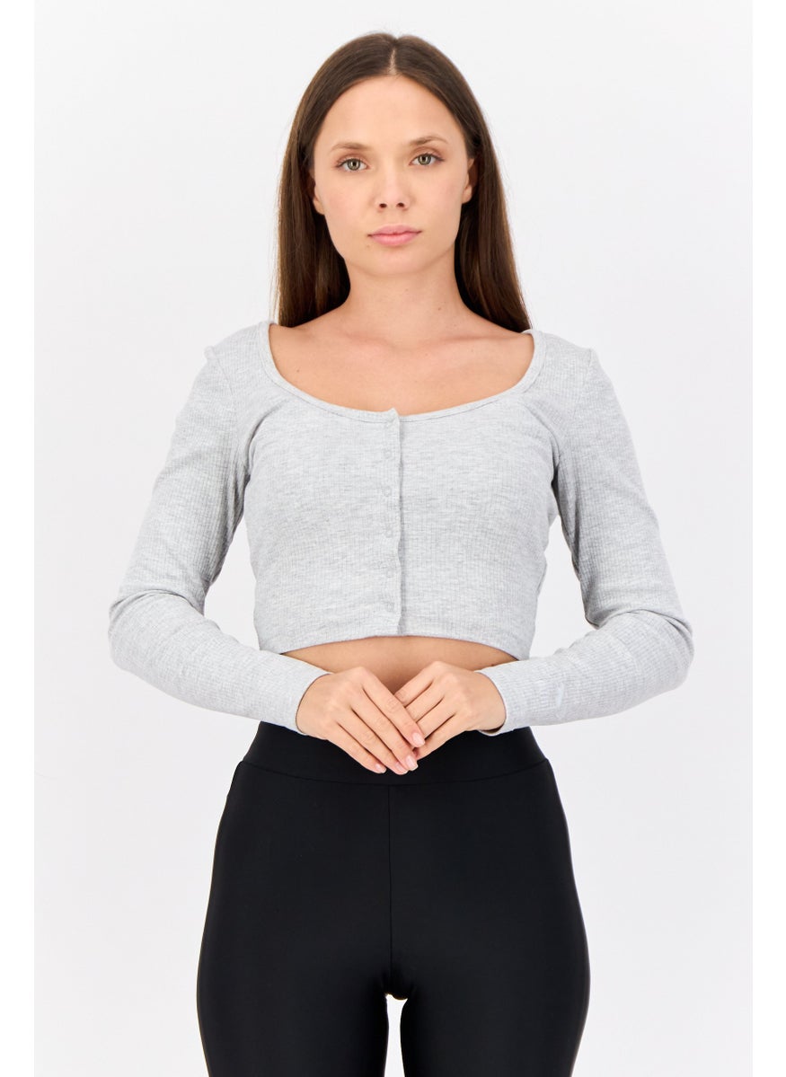 PUMA Women Sportswear Fit Embroidered Logo Ribbed Long Sleeves Outdoor Crop Top, Grey  - Image 1