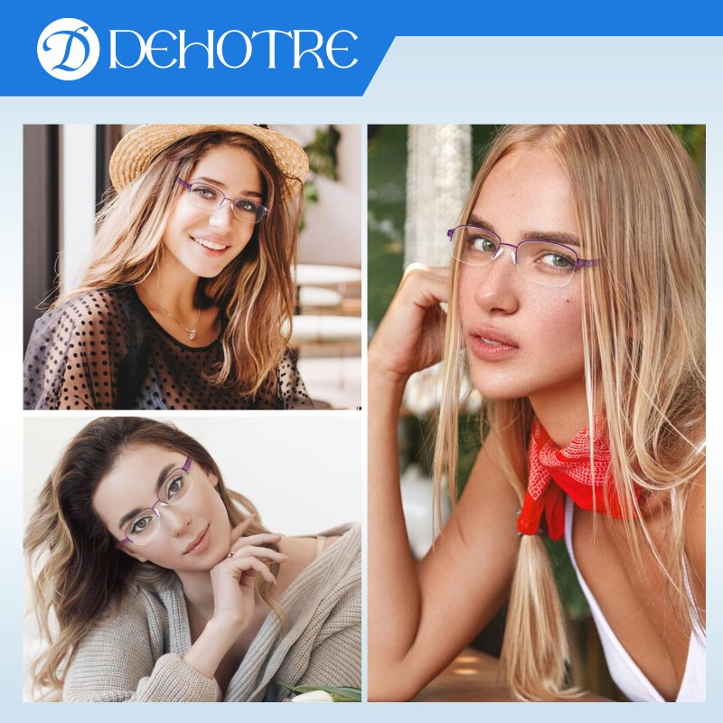 DEHOTRE نظارات قراءة ثنائية البؤرة من DEHOTRE للنساء شفافة بدون إطار نصف معدني حافة زرقاء تحجب قارئات الكمبيوتر وسادة أنف ناعمة أرجوانية 2.50 - Image 5