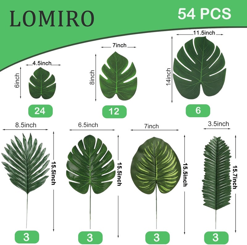 LOMIRO 54 Pieces 7 Kinds Artificial Tropical Leaf Jungle Leaves Plant Safari Leaves Decorations Fake Palm Leaf with Stems for Hawaiian Luau Party Table Beach Birthday Wedding Theme Party Decorations - Image 2