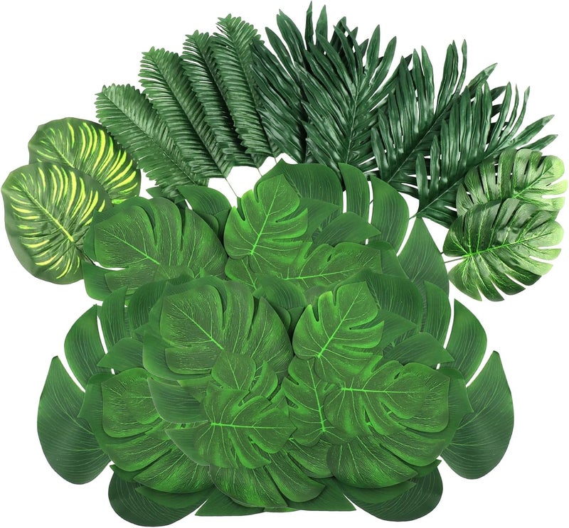 LOMIRO 54 Pieces 7 Kinds Artificial Tropical Leaf Jungle Leaves Plant Safari Leaves Decorations Fake Palm Leaf with Stems for Hawaiian Luau Party Table Beach Birthday Wedding Theme Party Decorations - Image 1