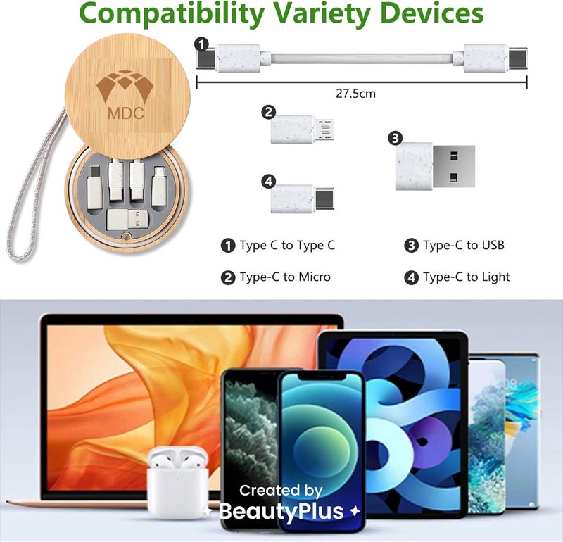Dome Well-engineered versatile build Bamboo Charging Multi - Data Cable Storage Box 60W Fast Charging for Smartphones and Tablets with USB-C Connectivity (Light Wood – Circle Shape) Reliable durability - Image 2