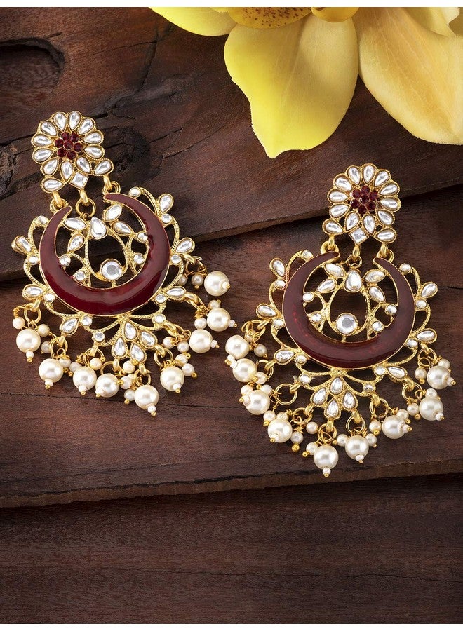 بيورا أقراط تشاندبالي من بيورا مطلية بالذهب من النحاس التقليدي مرصعة بلؤلؤة الكوندان باللون العنابي الذهبي هدية للنساء والفتيات - Image 2