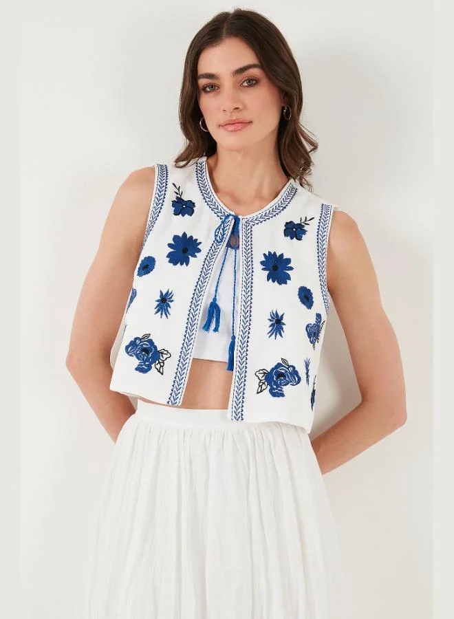 Lela Lela Lined Embroidered Standard Fit Tied Round Neck Crop Vest Women's VEST 611YL128