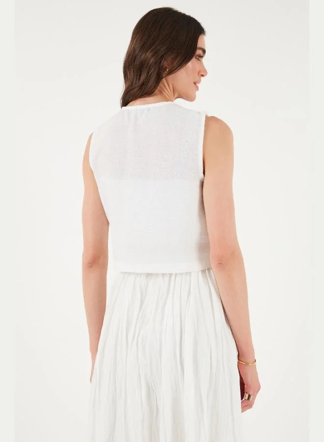 Lela Lela Lined Embroidered Standard Fit Tied Round Neck Crop Vest Women's VEST 611YL128