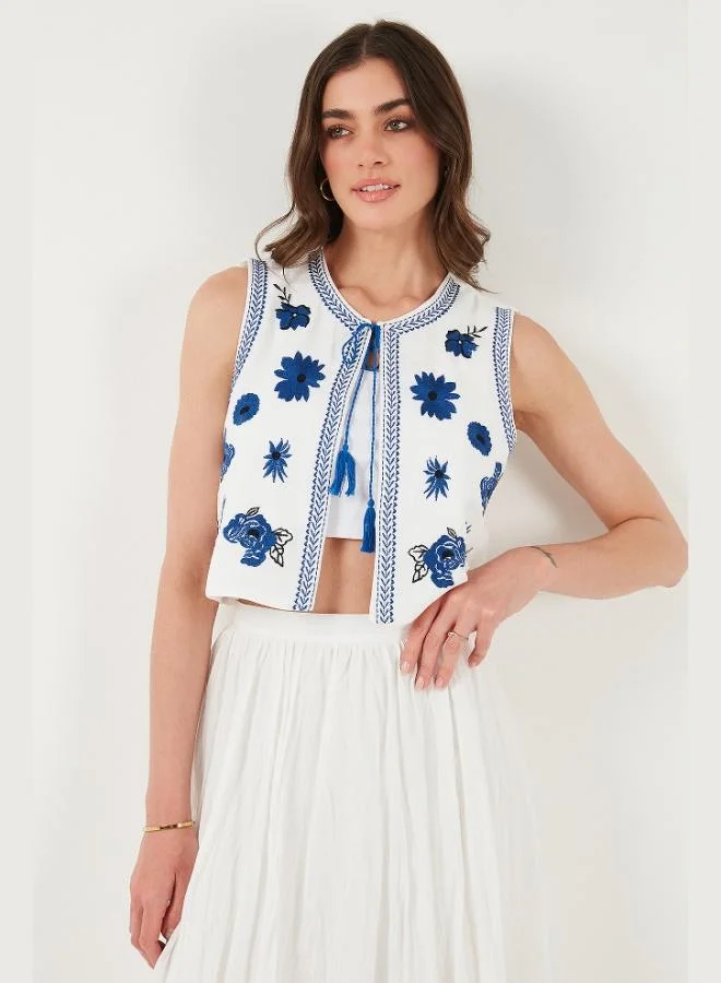 Lela Lela Lined Embroidered Standard Fit Tied Round Neck Crop Vest Women's VEST 611YL128