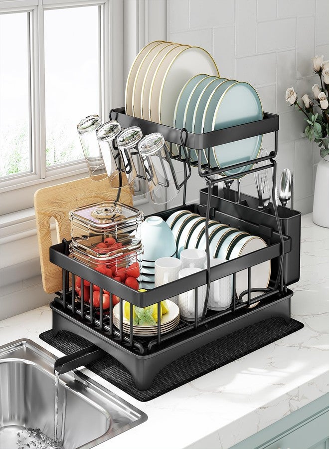 Kitstorack 2 Tier Dish Drainer Rack for Kitchen Counter, Stainless Steel With Swivel Drainage Spout, Utensil and Cup Holders, Cutting-Board Holder and Drying Mat - Image 1