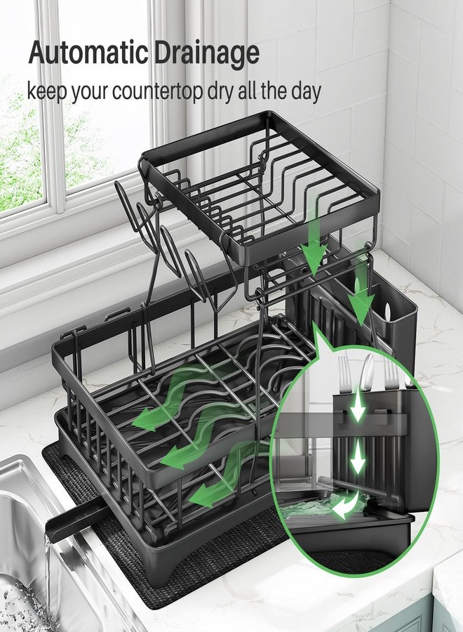 Kitstorack 2 Tier Dish Drainer Rack for Kitchen Counter, Stainless Steel With Swivel Drainage Spout, Utensil and Cup Holders, Cutting-Board Holder and Drying Mat - Image 3