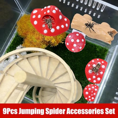 Hollima 9 Pcs 3D Jumping Spider Enclosure Accessories Set, Red Magnetic Jumping Spider Mushroom Platforms, Climbing Net Trunk Hideouts for Small Pets Terrarium Decor - Image 4