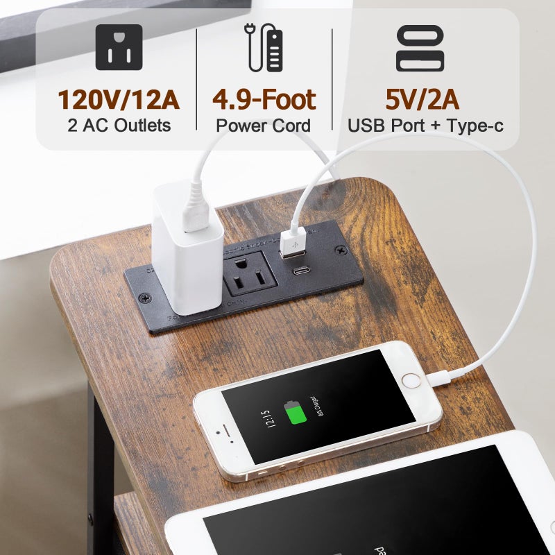 LOAKEKEL Narrow Nightstand with Charging Station, End Tables Living Room Set of 2, Skinny Side Table with Fabric Drawers, Slim Sofa Table for Bedroom, Small Spaces, Couch, Brown, HETNDP02BR - Image 3