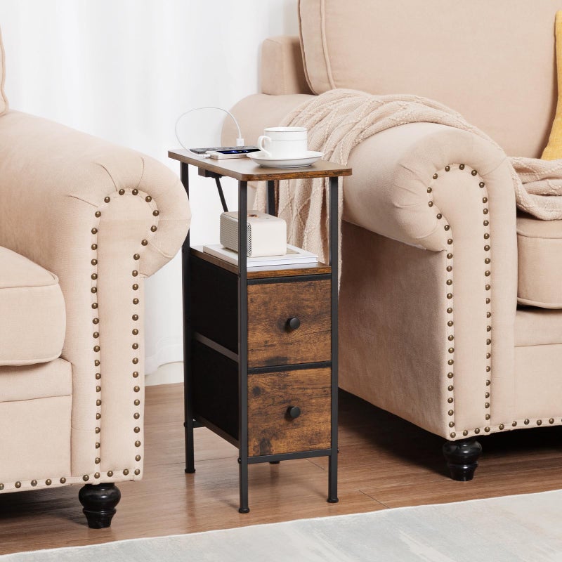LOAKEKEL Narrow Nightstand with Charging Station, End Tables Living Room Set of 2, Skinny Side Table with Fabric Drawers, Slim Sofa Table for Bedroom, Small Spaces, Couch, Brown, HETNDP02BR - Image 4