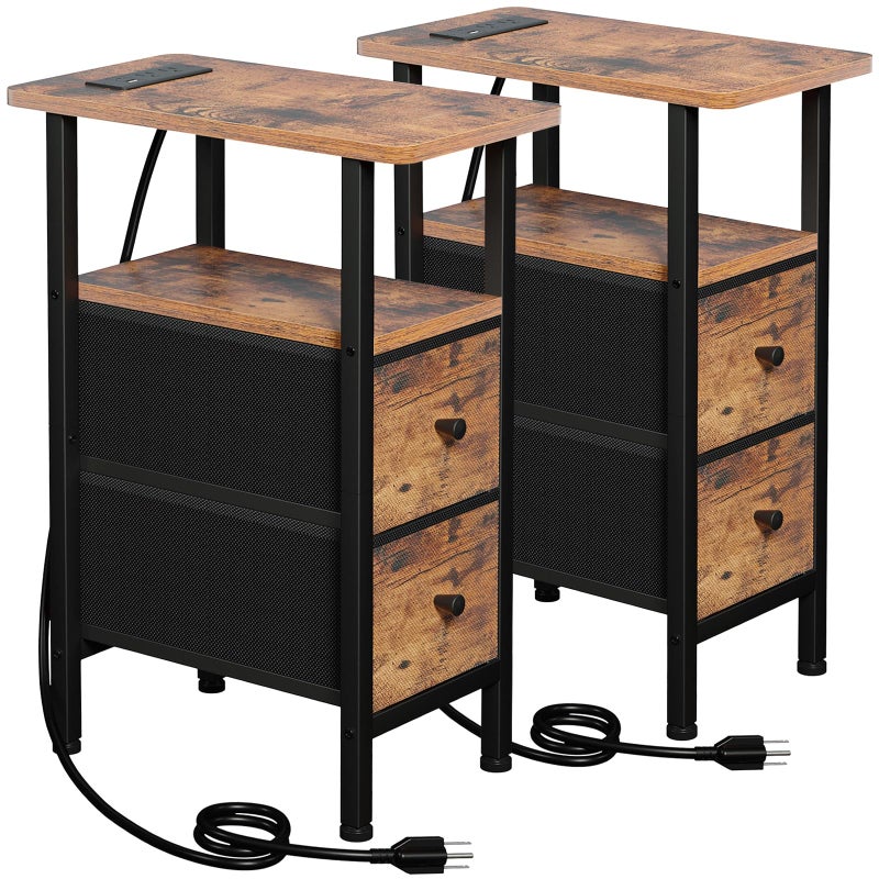 LOAKEKEL Narrow Nightstand with Charging Station, End Tables Living Room Set of 2, Skinny Side Table with Fabric Drawers, Slim Sofa Table for Bedroom, Small Spaces, Couch, Brown, HETNDP02BR - Image 1