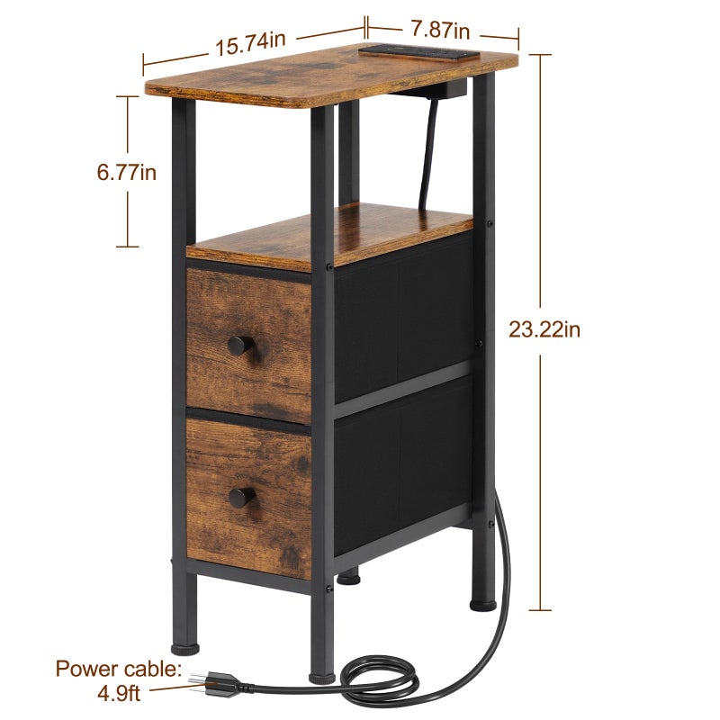 LOAKEKEL Narrow Nightstand with Charging Station, End Tables Living Room Set of 2, Skinny Side Table with Fabric Drawers, Slim Sofa Table for Bedroom, Small Spaces, Couch, Brown, HETNDP02BR - Image 5