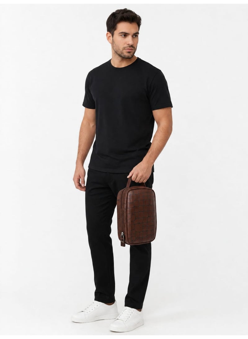 Premium PU leather bag with a crocodile-skin pattern for Men Handbag featuring a zipper closure and water-resistant design. Dimensions: 22 x 14 x 7 cm. Brown. - Image 4