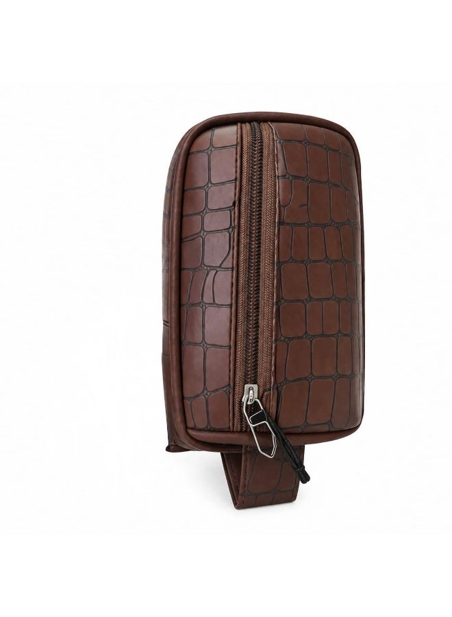 Premium PU leather bag with a crocodile-skin pattern for Men Handbag featuring a zipper closure and water-resistant design. Dimensions: 22 x 14 x 7 cm. Brown. - Image 1