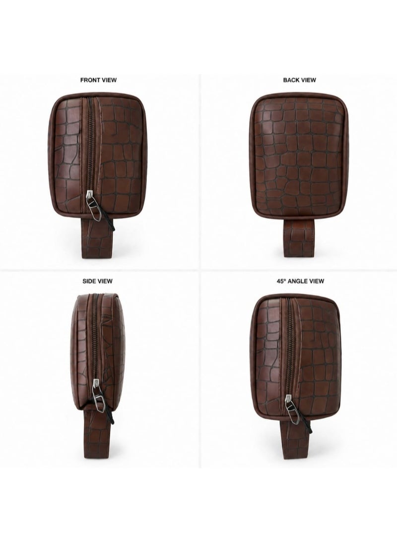 Premium PU leather bag with a crocodile-skin pattern for Men Handbag featuring a zipper closure and water-resistant design. Dimensions: 22 x 14 x 7 cm. Brown. - Image 3
