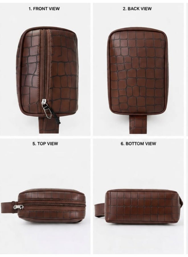 Premium PU leather bag with a crocodile-skin pattern for Men Handbag featuring a zipper closure and water-resistant design. Dimensions: 22 x 14 x 7 cm. Brown. - Image 2