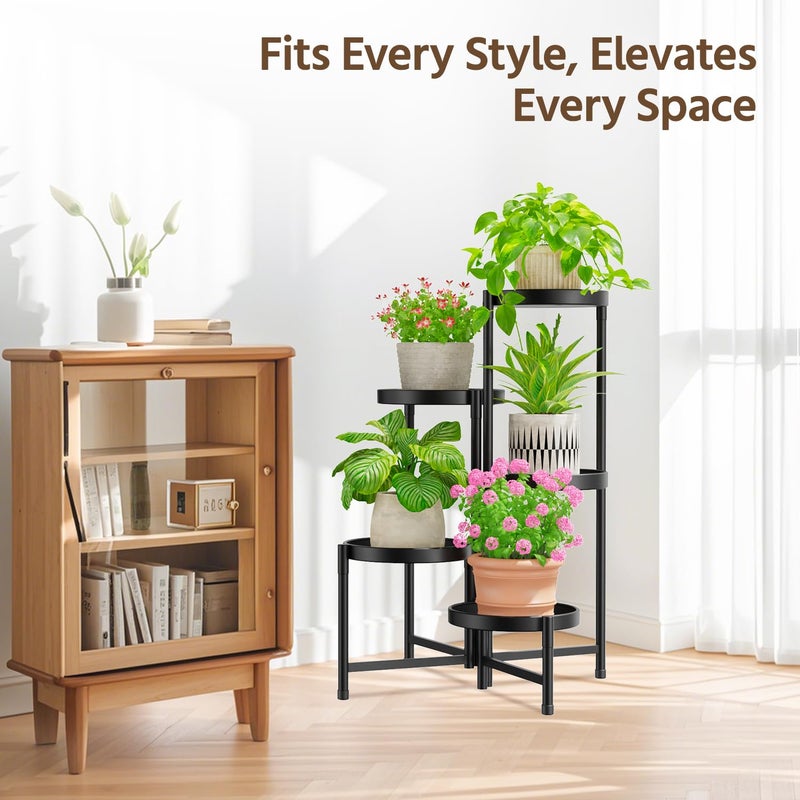 LASZOLA 5 Tier Large Plant Stand Indoor Tall with 10 Inch Metal Tray, Corner Folding Flower Display Rack, Modern Plant Holder Shelf for Outdoor Patio Porch Garden Office Living Room, Black - Image 2
