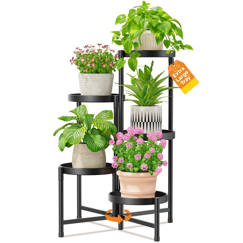 LASZOLA 5 Tier Large Plant Stand Indoor Tall with 10 Inch Metal Tray, Corner Folding Flower Display Rack, Modern Plant Holder Shelf for Outdoor Patio Porch Garden Office Living Room, Black - Image 1
