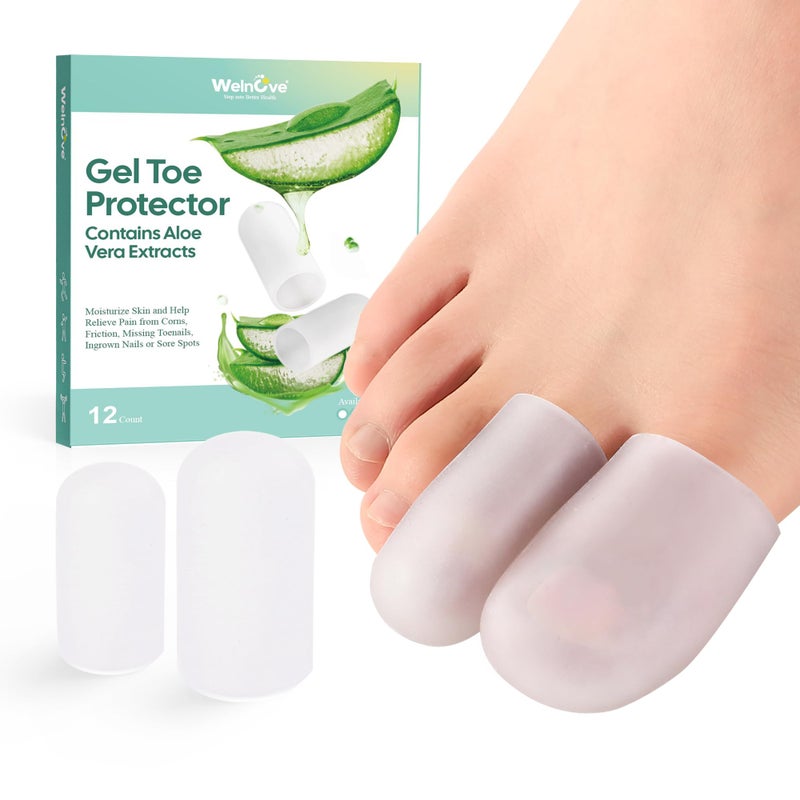 Welnove Gel Toe Cap and Protector Silicone Toe Covers Toe Cushions for Pain Relief Missing or Ingrown Toenails Corns Calluses Blisters Infused Aloe Vera Extract 4 Large 8 Medium Clear