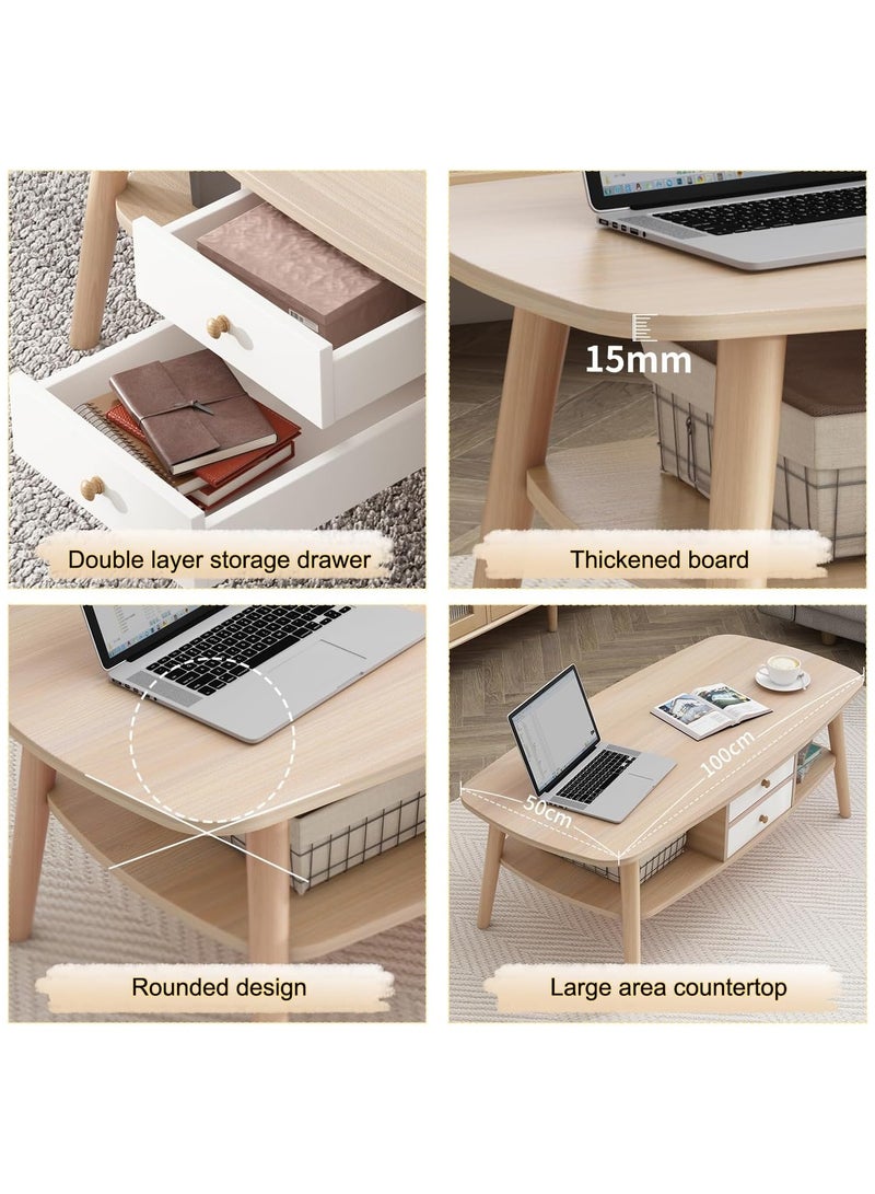 طاولة القهوة، طاولة غرفة المعيشة من الخشب الصلب مع مساحة تخزين للأدراج، طاولة جانبية بسيطة وحديثة لغرفة المعيشة وغرفة النوم وغرفة المعيشة وغرفة النوم وطاولة جانبية لطاولة الشاي، 100 * 50 سم (أبيض) - Image 5