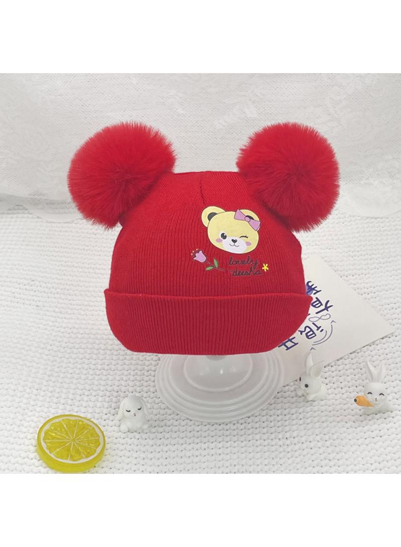 Red Solid Color Knitted Baby Hat Autumn Winter Pompom Newborn Beanie Cap Cute Cartoon Bear Infant Boy Girl Warm Hats